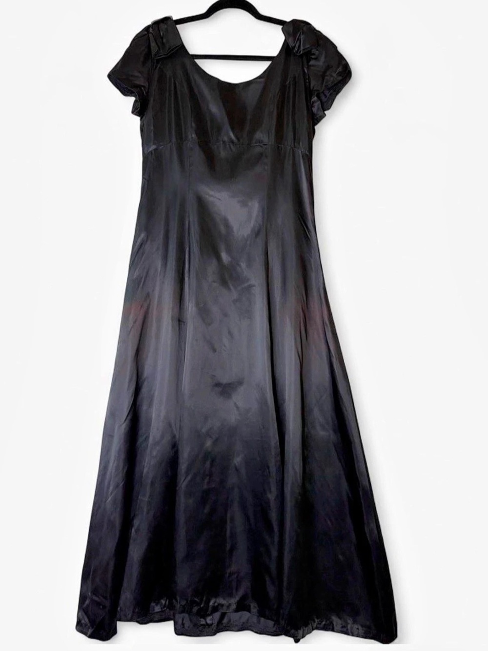 Vintage 70s Black Satin Evening Maxi Dress Bow Puff Sleeve Empire Waist M